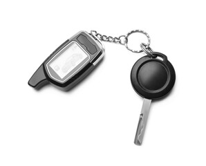 Modern car key with remote control isolated on white, top view