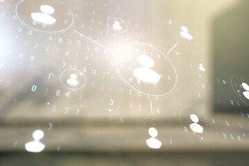 Double exposure of abstract virtual social network icons on modern business center exterior background. Marketing and promotion concept