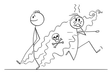 Vector cartoon stick figure funny illustration of man with smelly feet walking on street.