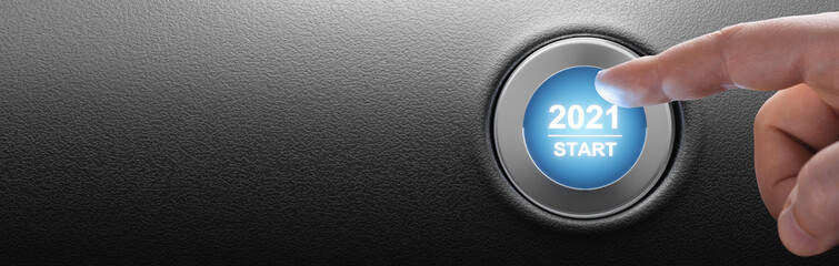 2021 - Press the start button. Concept of the New Year. 3D illustration