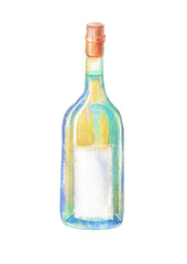 White wine bottle.Picture of a alcoholic drink.Watercolor hand drawn illustration.	