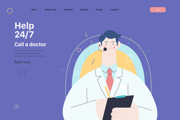Fototapeta na wymiar Medical insurance template -help 24 per 7, call us -modern flat vector concept digital illustration of male doctor with headset talking on the phone for a medical consultation. Medical company service