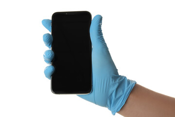 Person in blue latex gloves holding smartphone with blank screen against white background, closeup on hand. Space for design