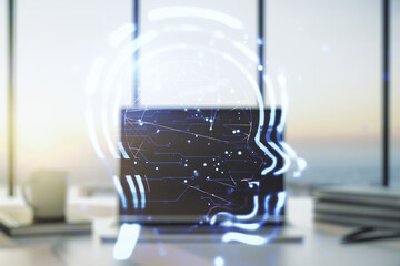 Creative artificial Intelligence concept with human head hologram on modern laptop background. Multiexposure