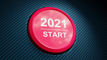 2021 - Press the start button. Concept of the New Year. 3D illustration
