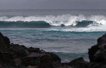 Huge waves at the Azores, São Miguel Island, Atlantic ocean and volcanic rocks.