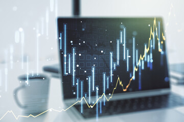 Multi exposure of abstract financial diagram on computer background, banking and accounting concept