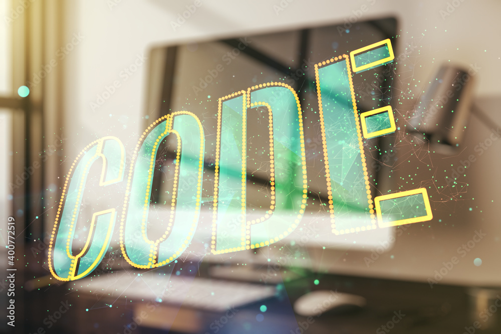 Poster creative code word hologram on modern computer background, artificial intelligence and neural networ