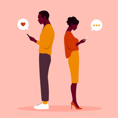 A woman and man are standing in profile and holding a smartphone. Figure of people in a full-length. Vector flat Illustration
