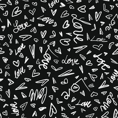 Cute black and white doodles seamless pattern. Love wording with different drawn hearts as all over print.