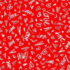 Romantic and cute Love with Hearts seamless pattern. Red background with doodles all over graphic.