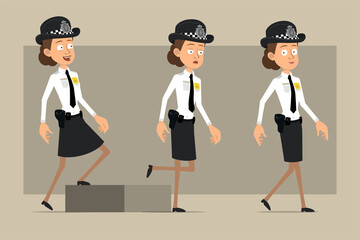 Cartoon flat funny british policeman woman character in black hat and uniform with badge. Successful tired girl walking up to her goal. Ready for animation. Isolated on gray background. Vector set.