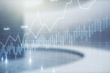 Abstract virtual financial graph hologram on modern interior background, financial and trading concept. Multiexposure
