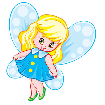 cute little fairy character with bare wings, cartoon illustration, isolated object on white background, vector illustration,