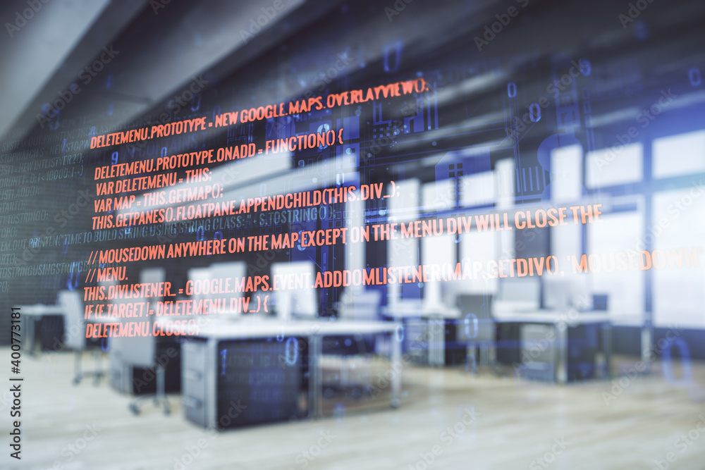 Aufkleber multi exposure of abstract programming language hologram on a modern furnished office interior backg
