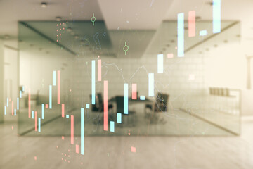 Multi exposure of virtual abstract financial graph interface on a modern furnished classroom background, financial and trading concept