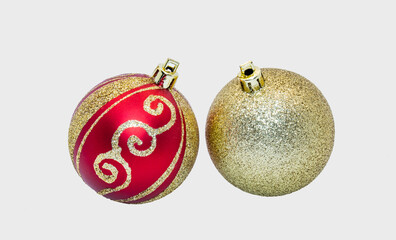 Christmas balls baubles bombs bulbs colorful decoration isolated on white background. Red, gold Xmas glass balls close up view