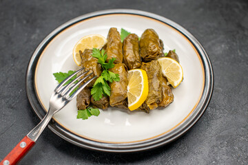 bottom view azerbaijani cuisine dolma with lemon slices and parsley leaves on white oval plate and fork on dark background