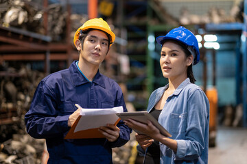 Fototapeta premium Engineer workers man wear a safety helmet writing on the clipboard in the automotive spare parts warehouse. Inspector the quality of the engine. Woman look at the tablet. Inspector, quality concept