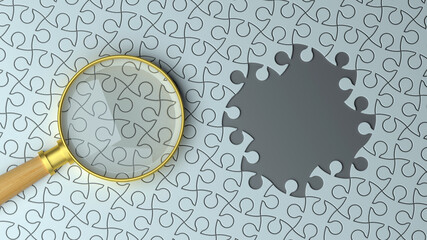 Puzzle concept with magnifying glass - obrazy, fototapety, plakaty