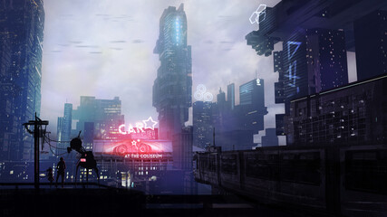 Sci fi painting of a futuristic city with a destruction derby event playing in the background - fantasy 3d illustration