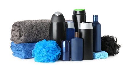 Set with men's personal hygiene products on white background