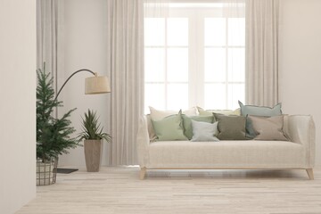 White living room with sofa. Scandinavian interior design. 3D illustration