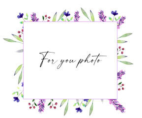 Watercolor illustration. Floral card in pink and purple colors. Watercolor frame for text, photo, invitations, etc.