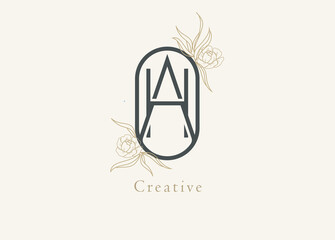 Abstract Initial A and H Logo, Monogram with floral frame, usable for brand, card and invitation, logo design template element,vector illustration