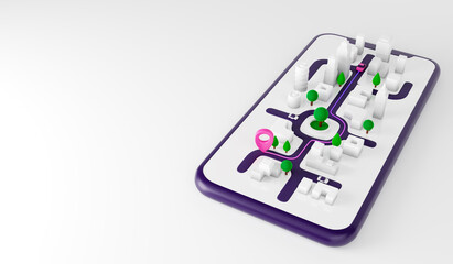 Smartphone with map and red pinpoint on screen, GPS navigation. Taxi app, delivery, car sharing. 3d render