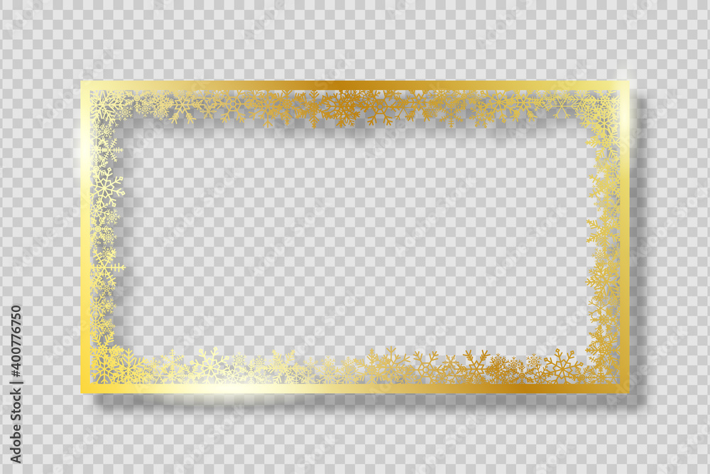 Aufkleber Gold frame with golden snowflakes. Banner for Merry Christmas and New Year text or photo. Golden rectangle border with gold snowflake on transparent background with shadow. Vector.