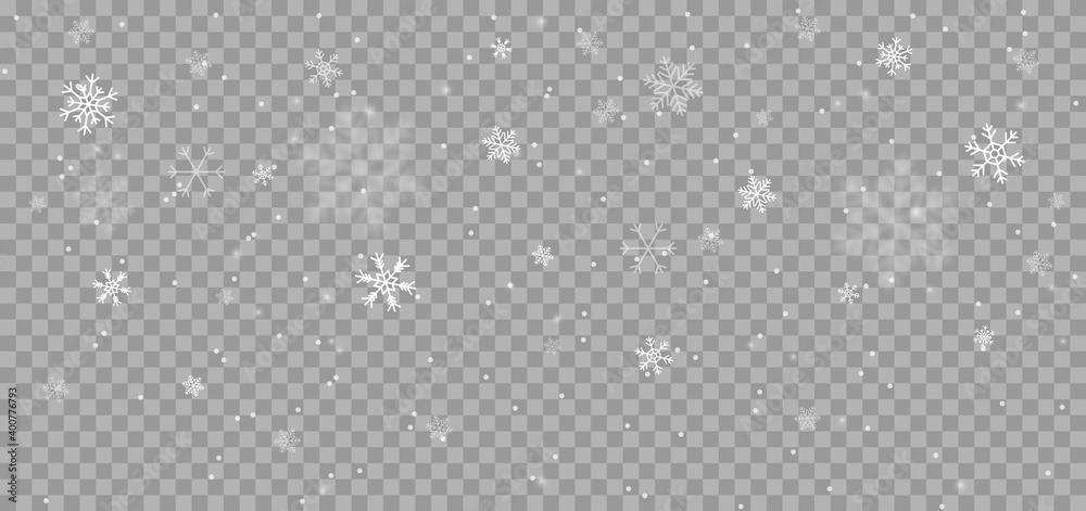 Aufkleber Falling snowflakes at transparent background. Snowfall illustration with snowflakes in different shapes and forms. Falling snow. Vector.