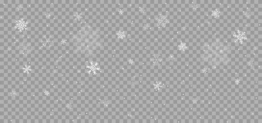 Falling snowflakes at transparent background. Snowfall illustration with snowflakes in different shapes and forms. Falling snow. Vector.