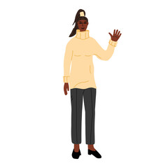 Fashionable black woman waving hand. Young fashionable female in jumper and trousers. Modern trendy look. Flat cartoon vector illustration.