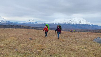 A group of tourists against the backdrop of the majestic beautiful volcanoes of Kamchatka.
