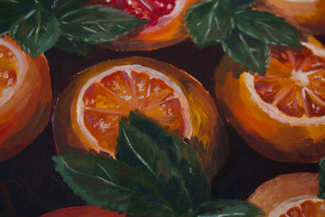oranges with leaves, oil painting illustration. Pattern with fruits. Colorful fresh paint. fragment of picture