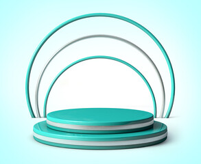 Green and silver round shape of product display with light background. Product display concept, 3D Rendering.