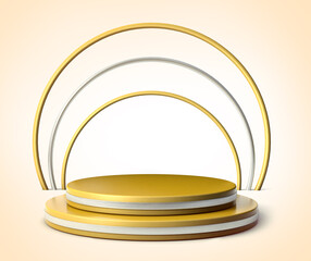 Golden and silver round shape of product display with light background. Product display concept, 3D Rendering.