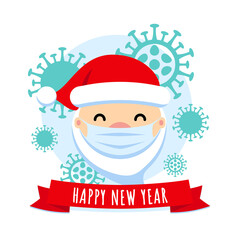 New Year 2021concept. Santa Claus with protective mask and corona virus. Safe COVID - 19 Merry Christmas cute flat vector illustration. Pandemic coronavirus holidays