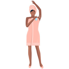 The girl after a shower uses deodorant. Daily care. A procedure for cleansing the body skin from dirt, odor and sweat. Cosmetology at home. Health and lifestyle concept