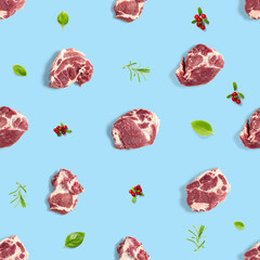 Seamless Pattern with raw pork meat slices on blue background, food pattern