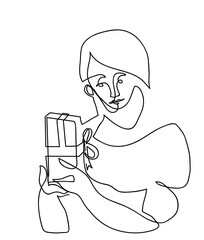 
One continuous line drawing of smiling girl holding gift box
One line drawing of happy beautiful young woman holding gift box