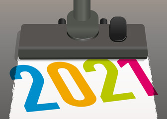 Carte de voeux 2021 avec un aspirateur qui fait apparaitre la nouvelle année en nettoyant la surface du sol.
