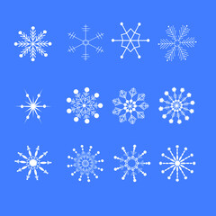 Fototapeta na wymiar Big set of design holiday snowflakes isolate on blue background. Vector illustration.