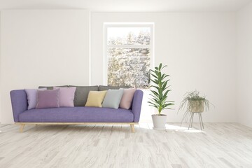 White living room with sofa and winter landscape in window. Scandinavian interior design. 3D illustration