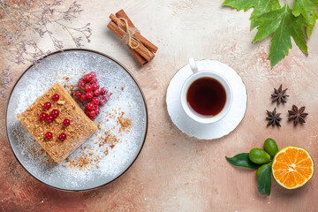 top view cake slice with red berries on the light background cake pie biscuit sweet