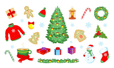 Naklejka premium Winter New Year and Christmas set of elements isolated on white background. Festive collection for design. Vector stock illustration.
