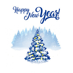 Happy New Year  Christmas tree and forest vector illustration