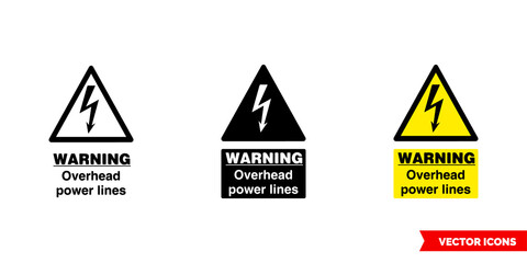 Warning overhead power lines hazard sign icon of 3 types color, black and white, outline. Isolated vector sign symbol.