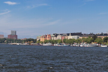 Fototapeta na wymiar View over stockholm on lake on holiday. Travelling with cruise ship in summer